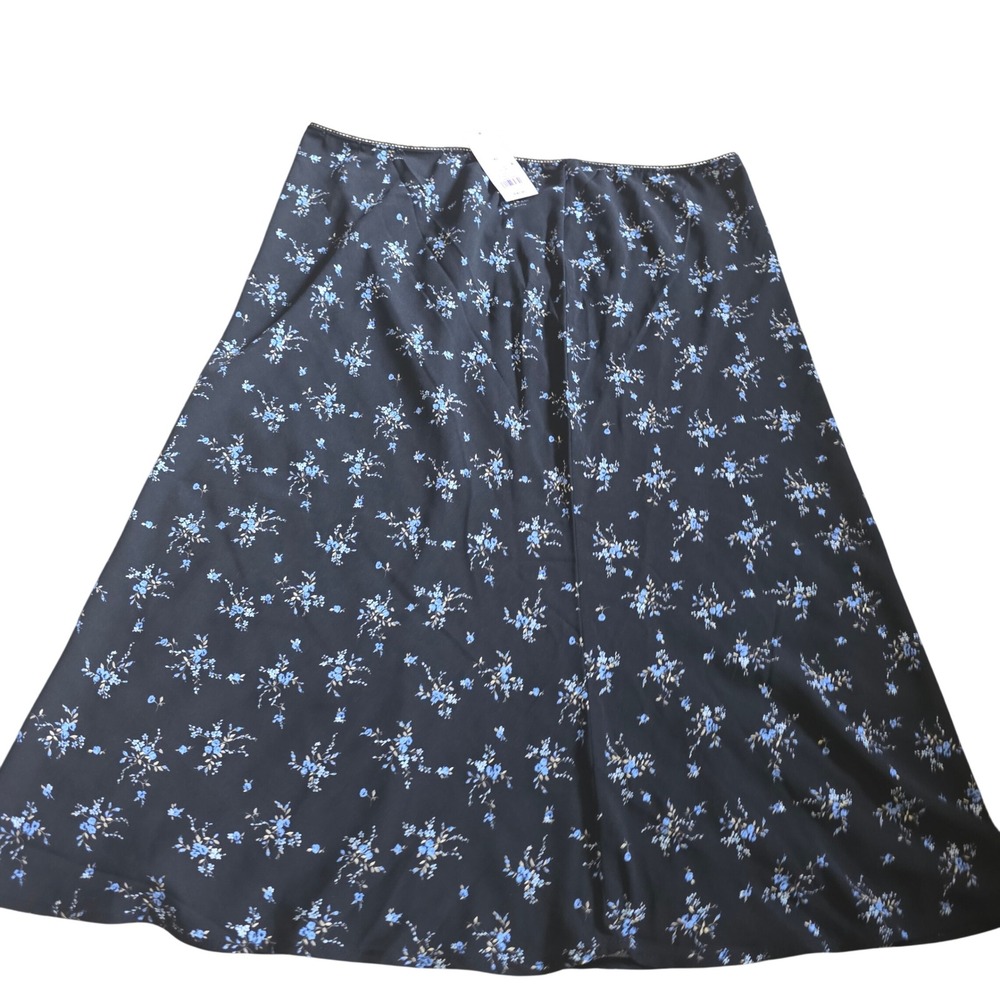 Wild‎ Fable Womens XL Black Blue Floral Midi A-Line Skirt Lace Trim NWT